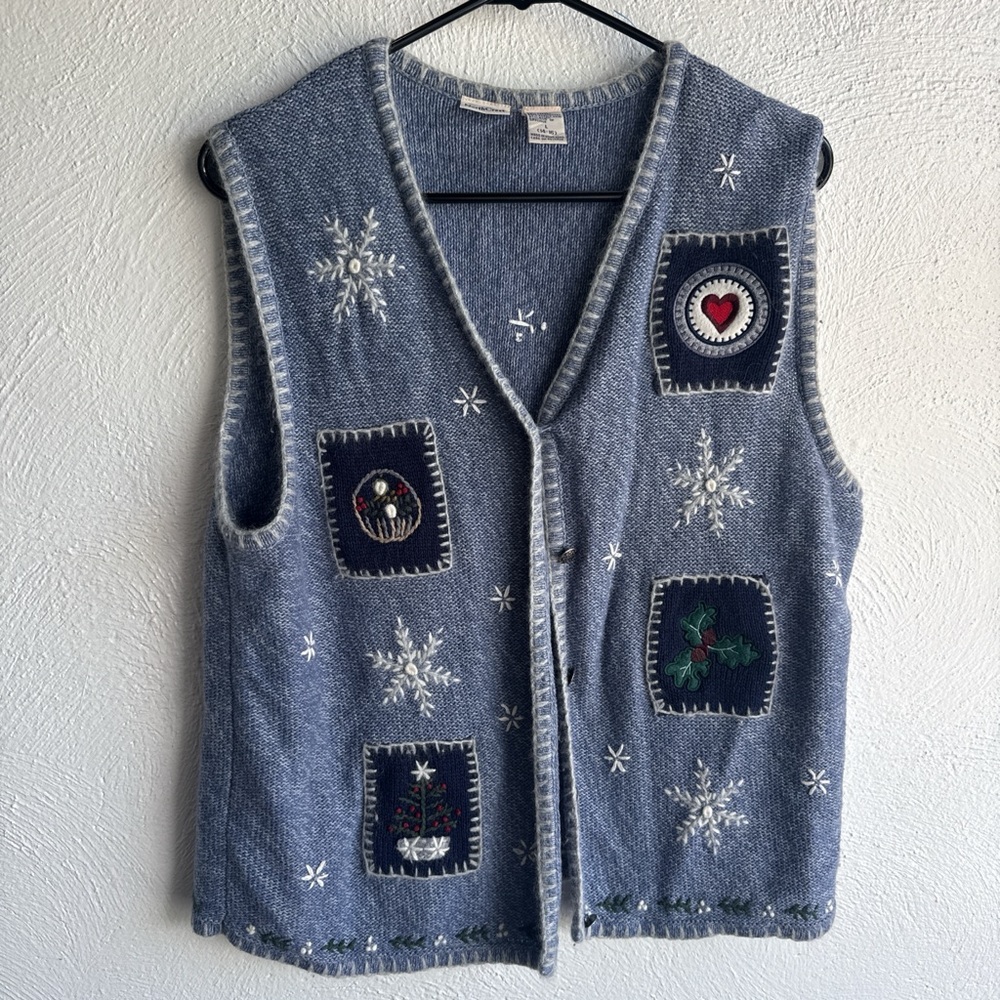 Northcrest Blue Embroidered Holiday Vest with Heart and Holly Patches